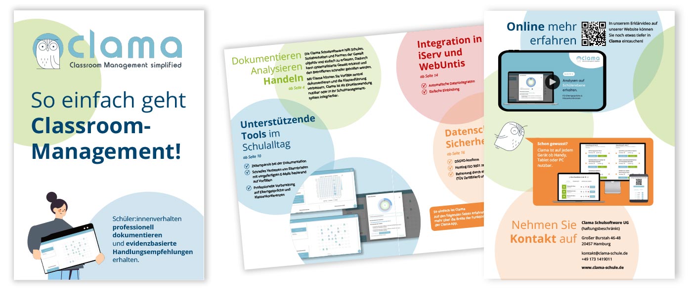 Broschürendesign für Clama Schulsoftware