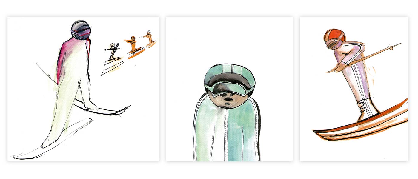 Tusche und Aquarellfarben, 'Skifahrer'