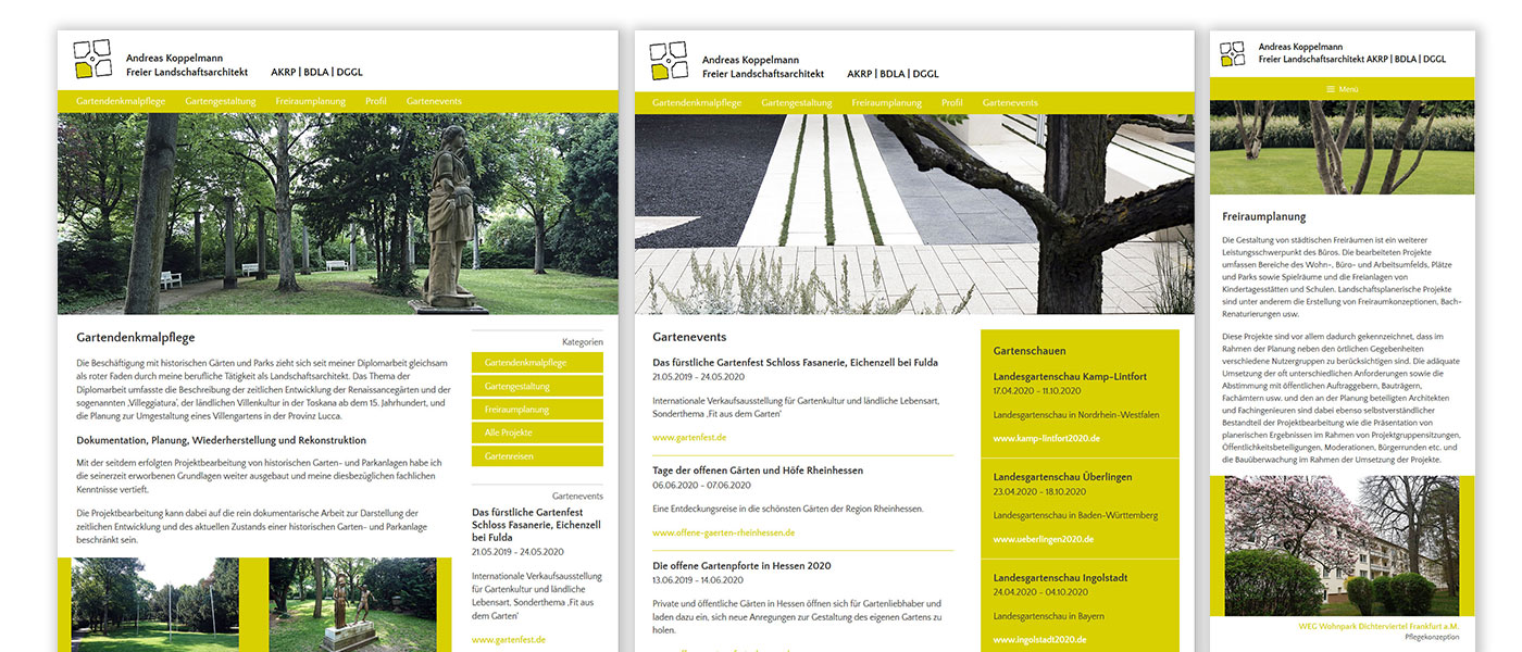 Webdesign für einen Landschaftarchitekten, responsive, in Zusammenarbeit mit der Programmiererin Beate Bodendorf